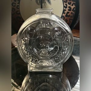 Vintage Disney Mickey & Minnie Mouse Anchor Hocking Round Glass Piggy Bank